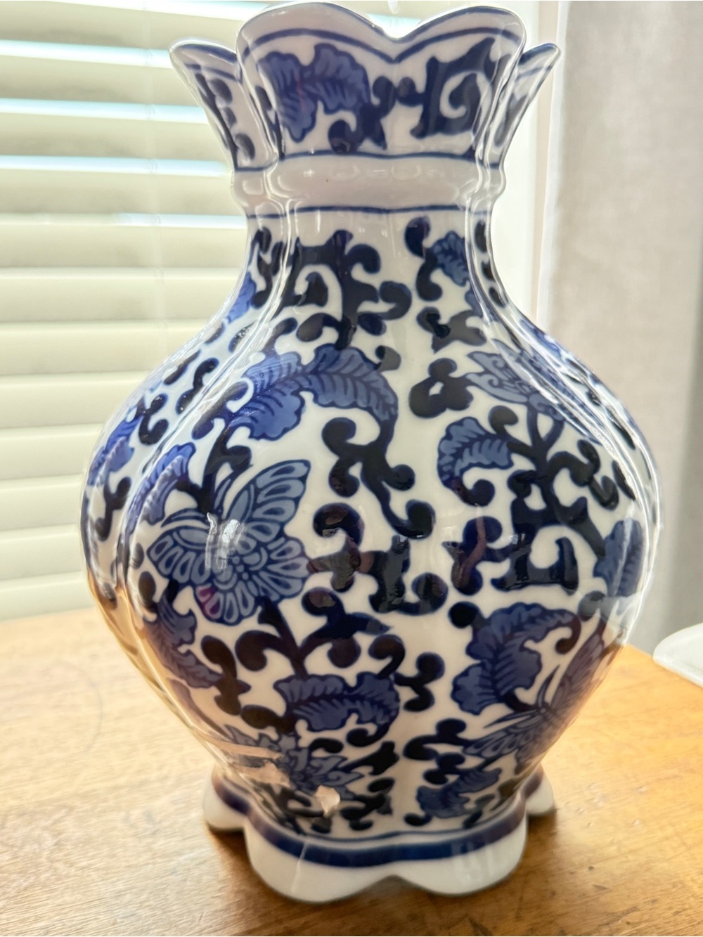 Seymour Mann China Blue Fine Porcelain Vase 10" Blue White Butterfly Floral